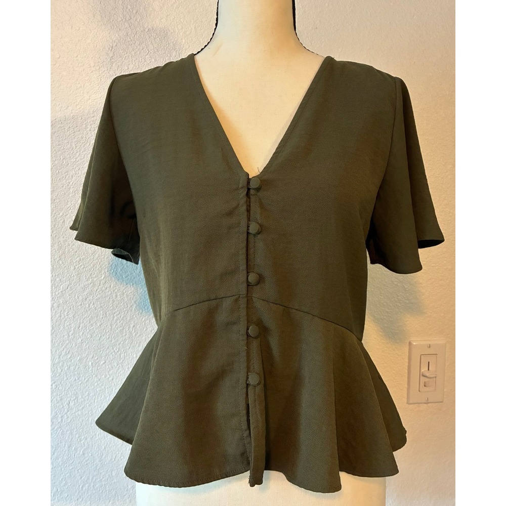 Topshop Women's Button Down Forest Green Flowy Top Size 2